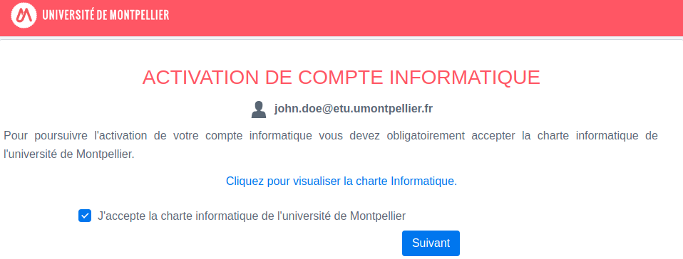 Copie d'écran de la première étape permettant d'accepter la charte informatique