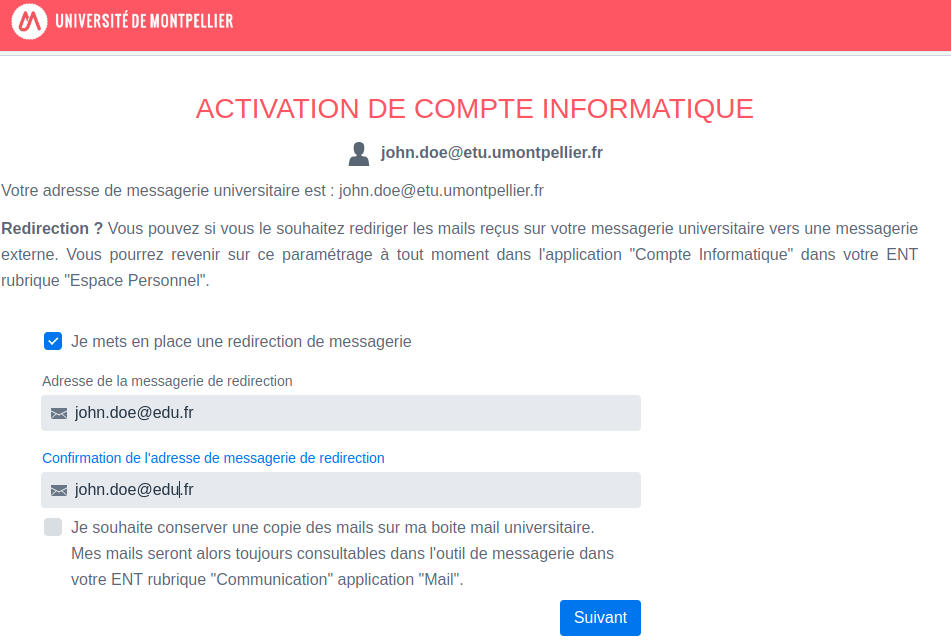 Copie de l'écran permettant de mettre en place unbe redirection de messagerie