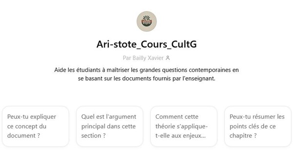 Interface d’accueil du GPT ARI-stote consacré au cours de culture générale, dans le cadre d’un prototype actuellement non diffusé