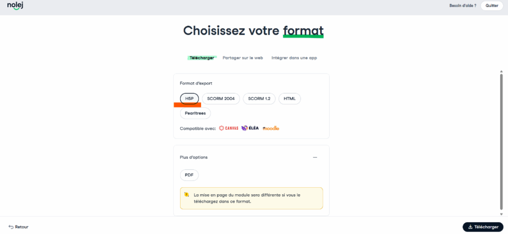 Interface de Nolej pour l'export, le partage ou l'intégration d'une activité nouvellement créée