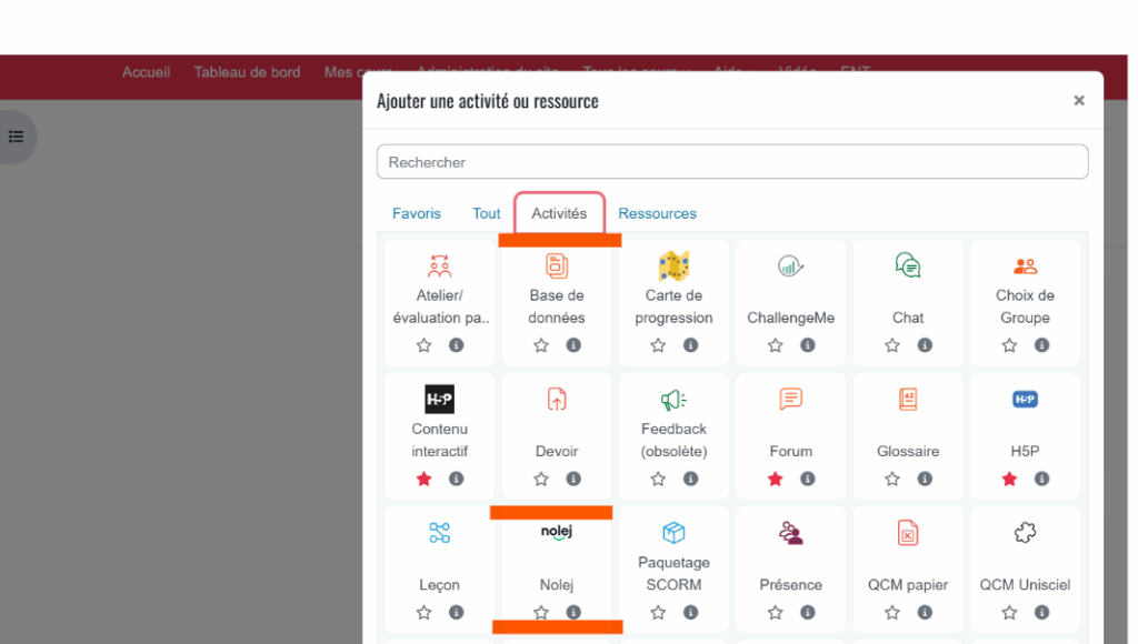 Aperçu du sélecteur d'activités dans Moodle